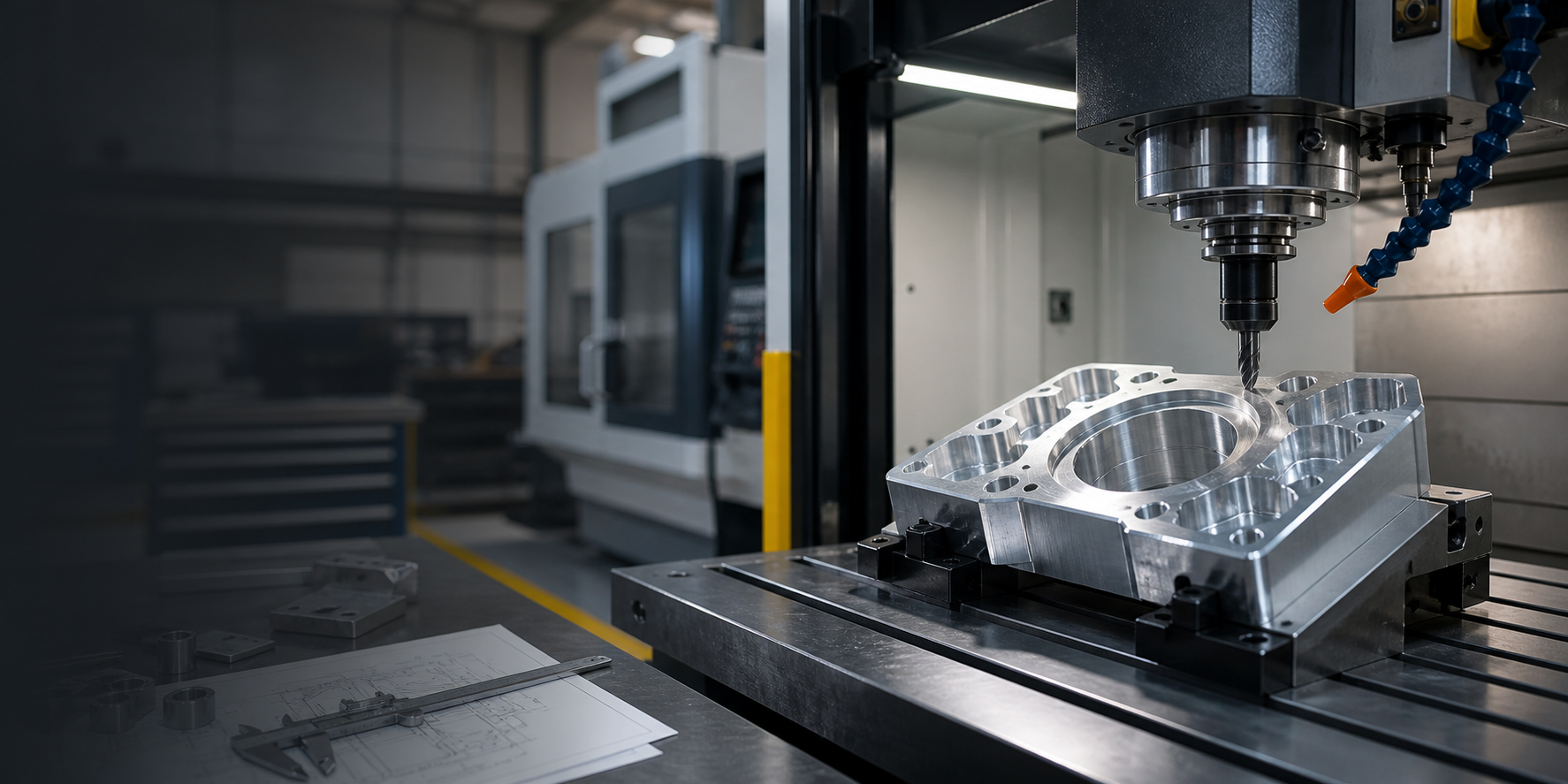 Modern CNC machining centre cutting a precision aluminium component